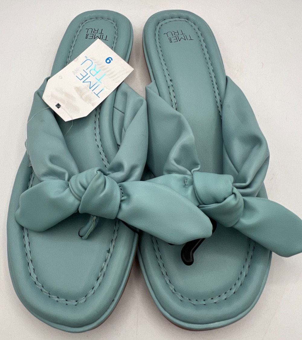 Time and Tru Women’s Sandals Size 9 Blue Bow Slide Flats Slip On NWT